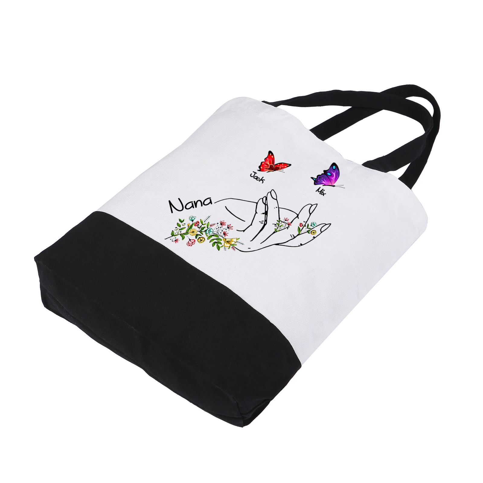 Personalisierte 2-8 Namen Stofftasche mit Schmetterlingen & Handmotiv – Individuelles Segeltuch-Tasche