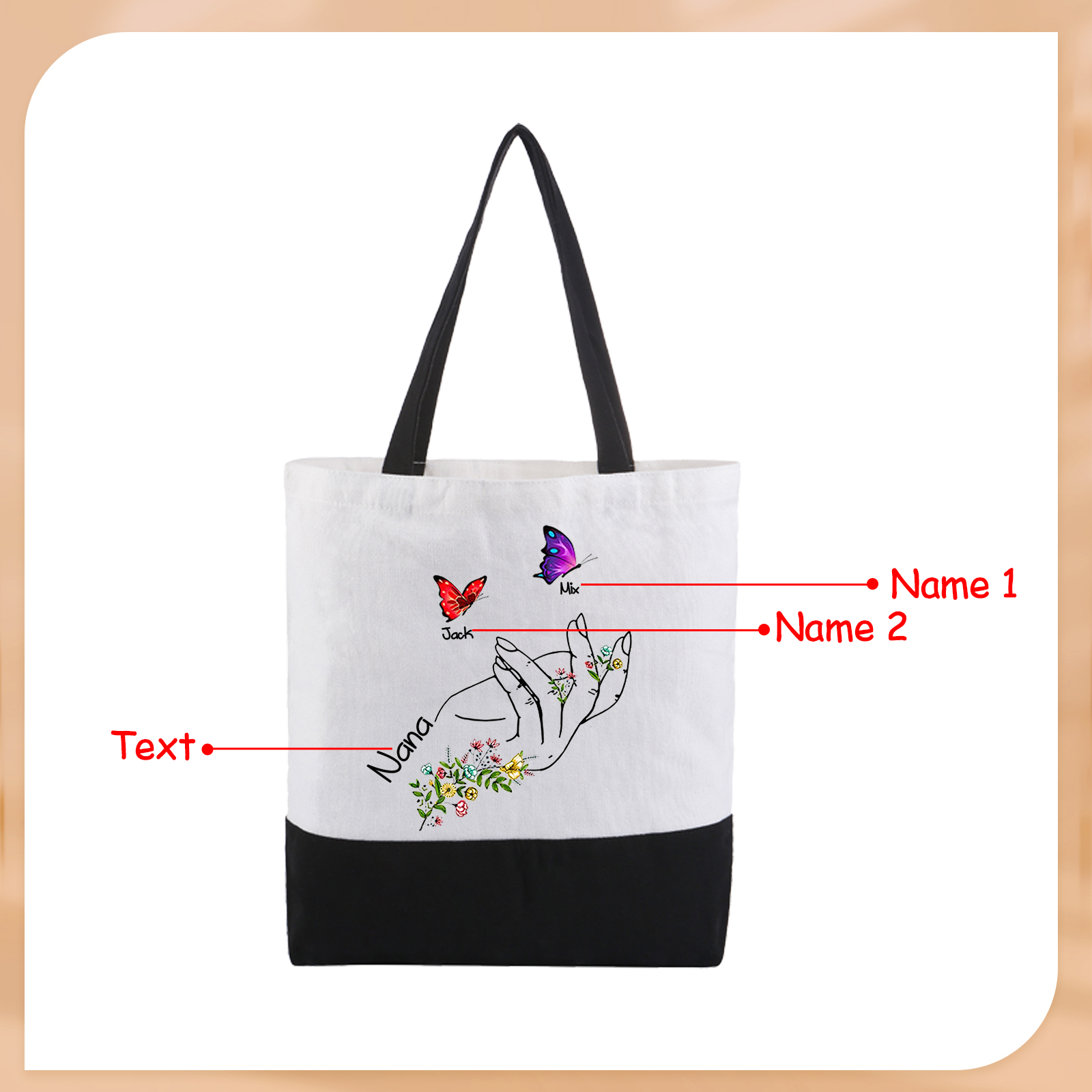 Personalisierte 2-8 Namen Stofftasche mit Schmetterlingen & Handmotiv – Individuelles Segeltuch-Tasche