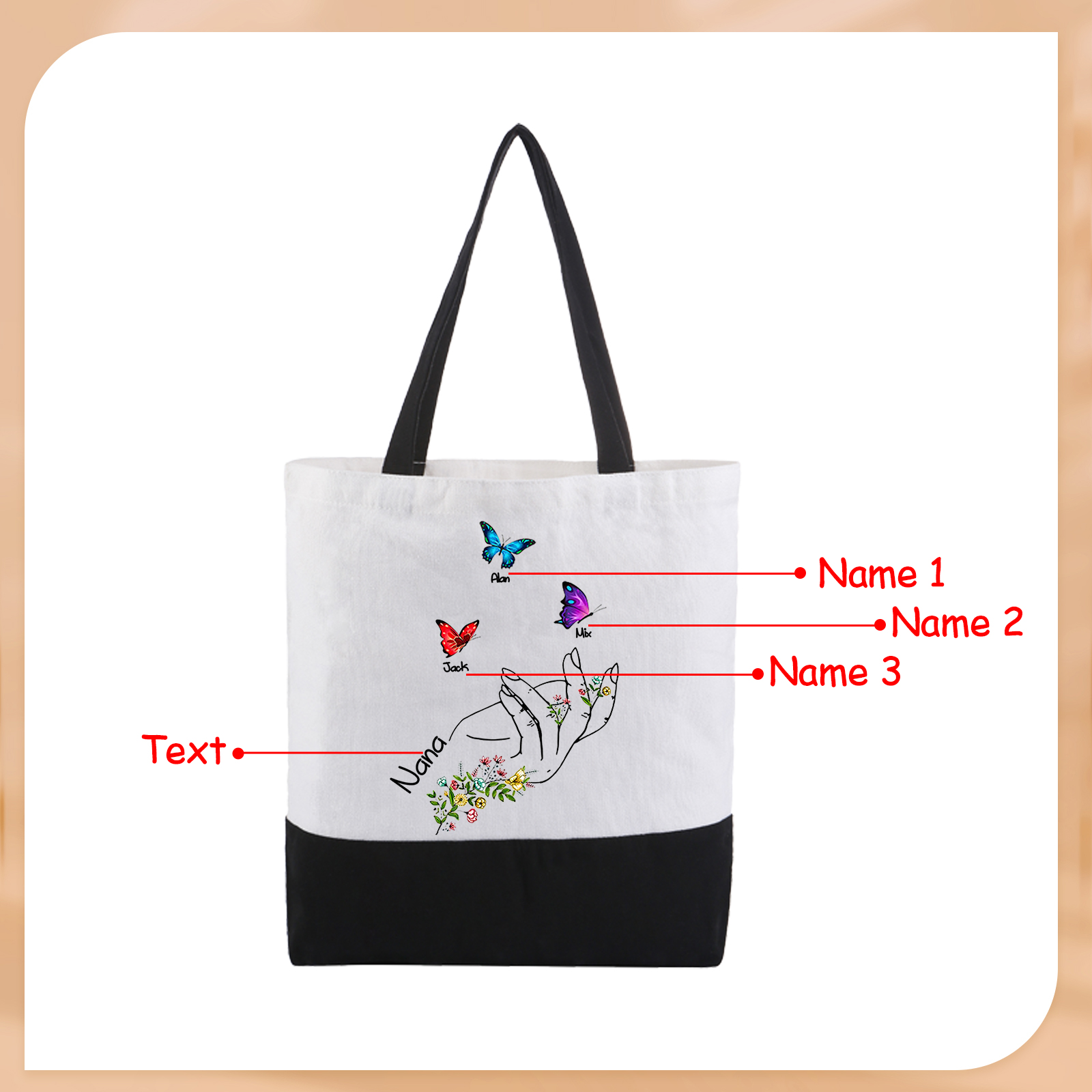 Personalisierte 2-8 Namen Stofftasche mit Schmetterlingen & Handmotiv – Individuelles Segeltuch-Tasche