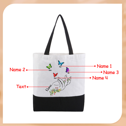 Personalisierte 2-8 Namen Stofftasche mit Schmetterlingen & Handmotiv – Individuelles Segeltuch-Tasche