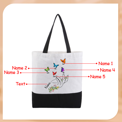 Personalisierte 2-8 Namen Stofftasche mit Schmetterlingen & Handmotiv – Individuelles Segeltuch-Tasche