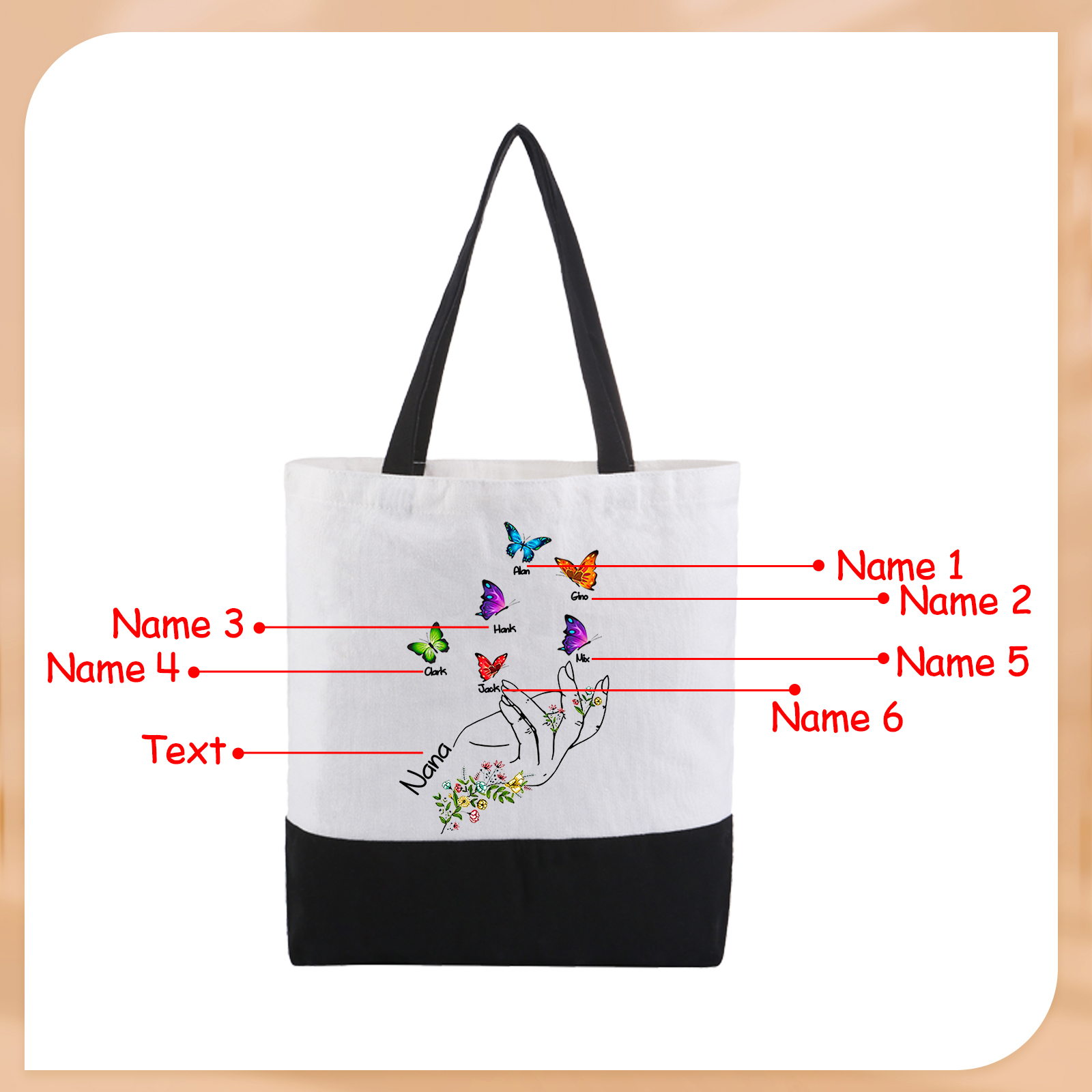 Personalisierte 2-8 Namen Stofftasche mit Schmetterlingen & Handmotiv – Individuelles Segeltuch-Tasche