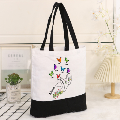 Personalisierte 2-8 Namen Stofftasche mit Schmetterlingen & Handmotiv – Individuelles Segeltuch-Tasche