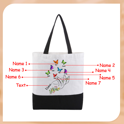 Personalisierte 2-8 Namen Stofftasche mit Schmetterlingen & Handmotiv – Individuelles Segeltuch-Tasche