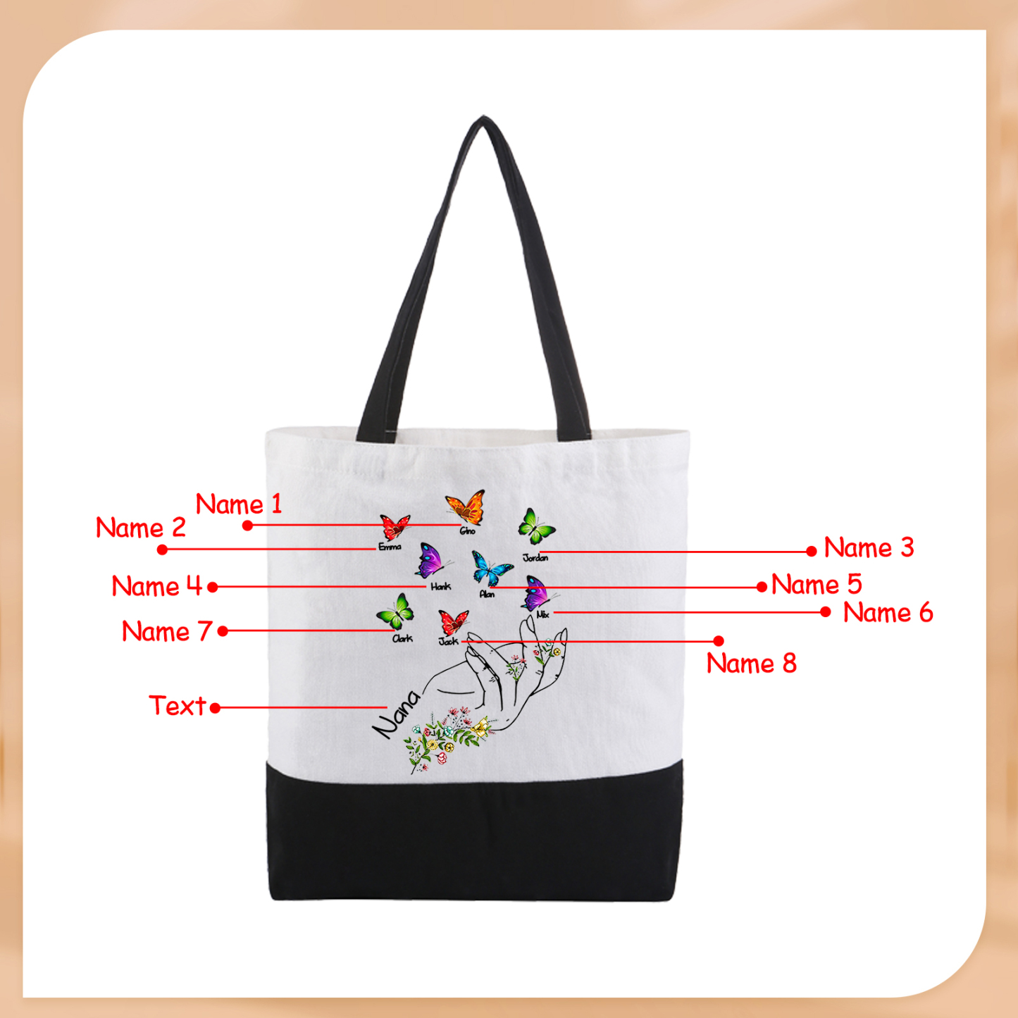 Personalisierte 2-8 Namen Stofftasche mit Schmetterlingen & Handmotiv – Individuelles Segeltuch-Tasche