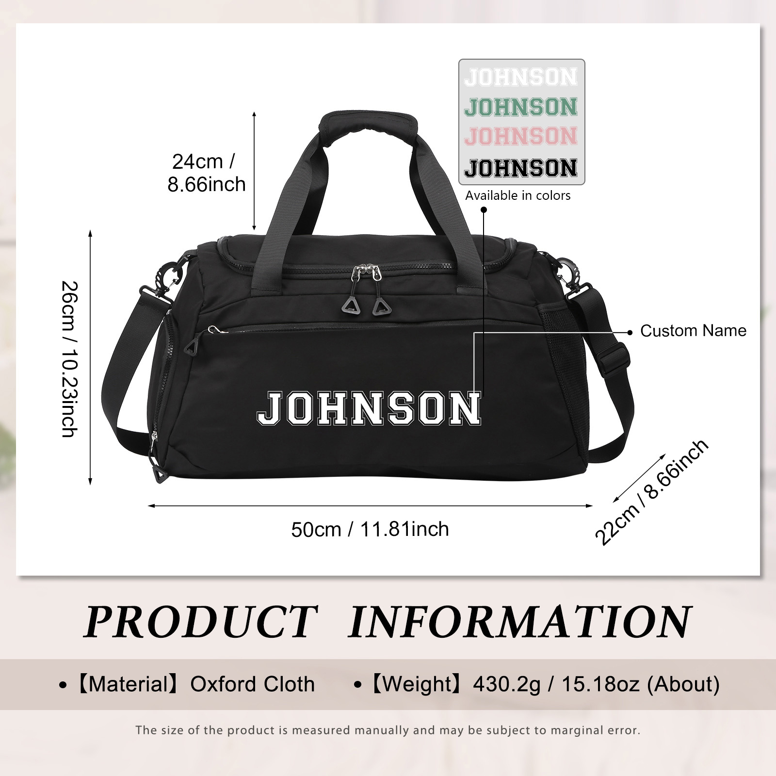 Personalisierter 1 Namen Oxford-Stoff Reisetasche/Gymtasche – Vier Farben zur Auswahl