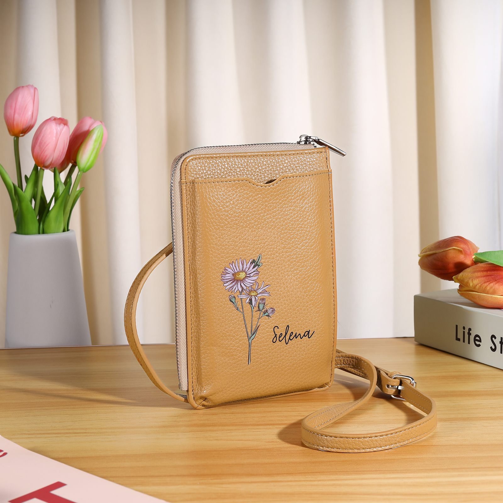 Personalisierter 1 Name & Geburtsblume PU-leder Gelb/ Rosa/ Blau Crossbody-Beutel – Damen Schultertasche