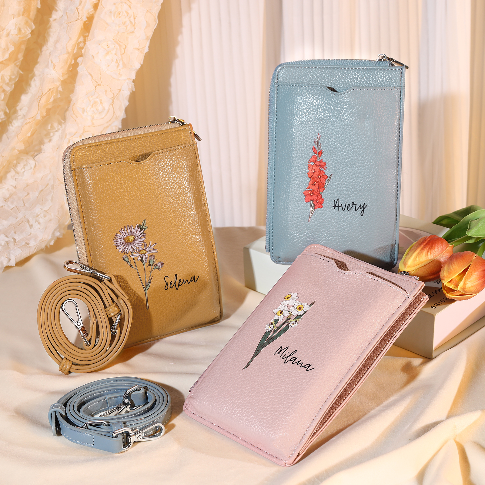 Personalisierter 1 Name & Geburtsblume PU-leder Gelb/ Rosa/ Blau Crossbody-Beutel – Damen Schultertasche