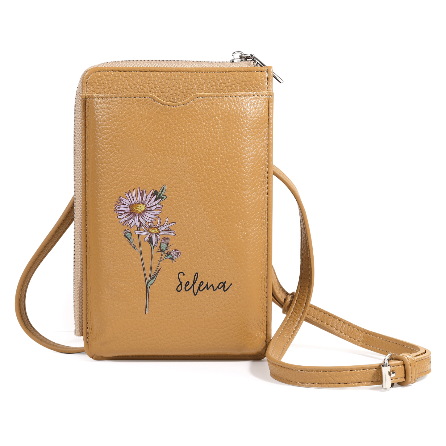 Personalisierter 1 Name & Geburtsblume PU-leder Gelb/ Rosa/ Blau Crossbody-Beutel – Damen Schultertasche