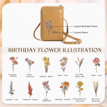 Personalisierter 1 Name & Geburtsblume PU-leder Gelb/ Rosa/ Blau Crossbody-Beutel – Damen Schultertasche