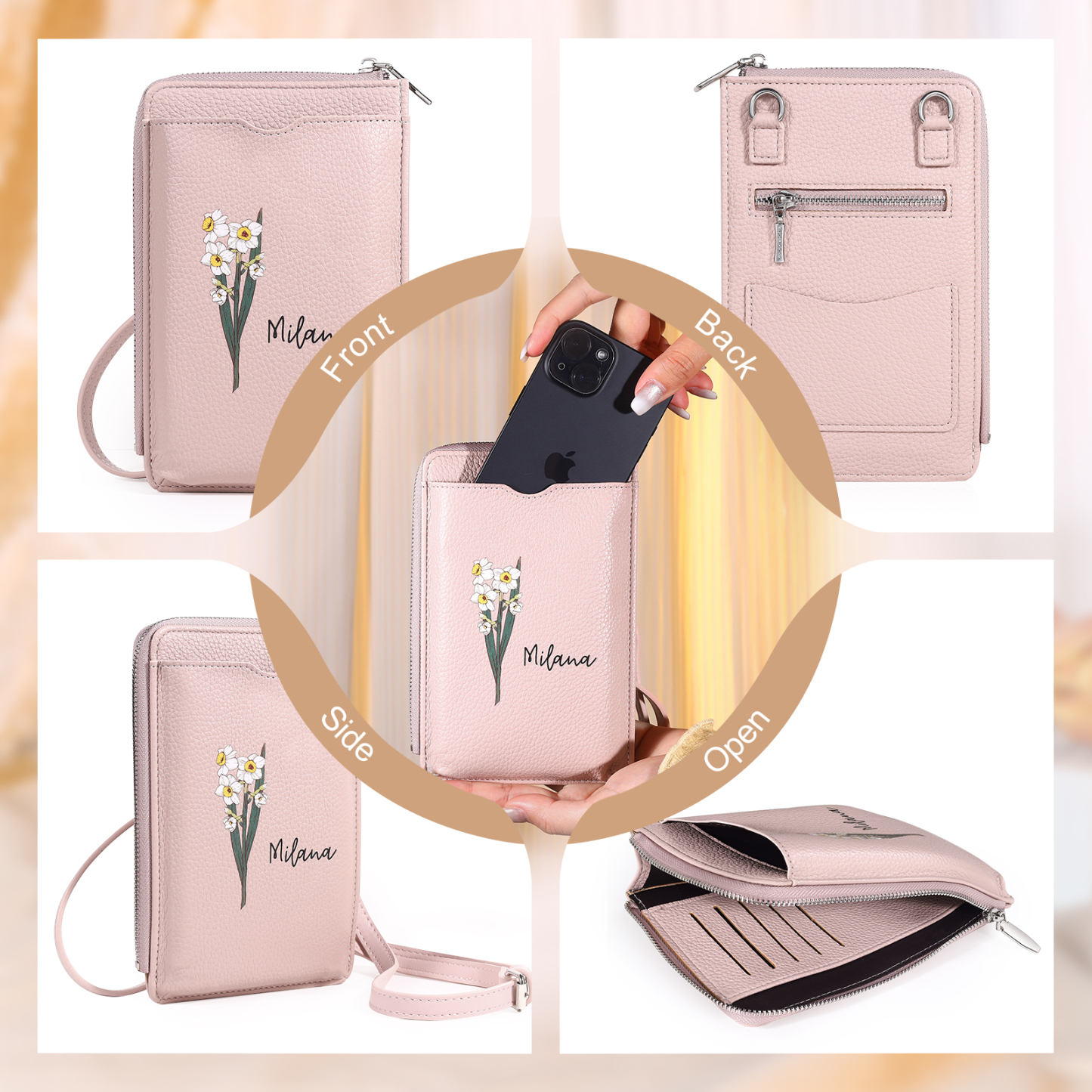 Personalisierter 1 Name & Geburtsblume PU-leder Gelb/ Rosa/ Blau Crossbody-Beutel – Damen Schultertasche