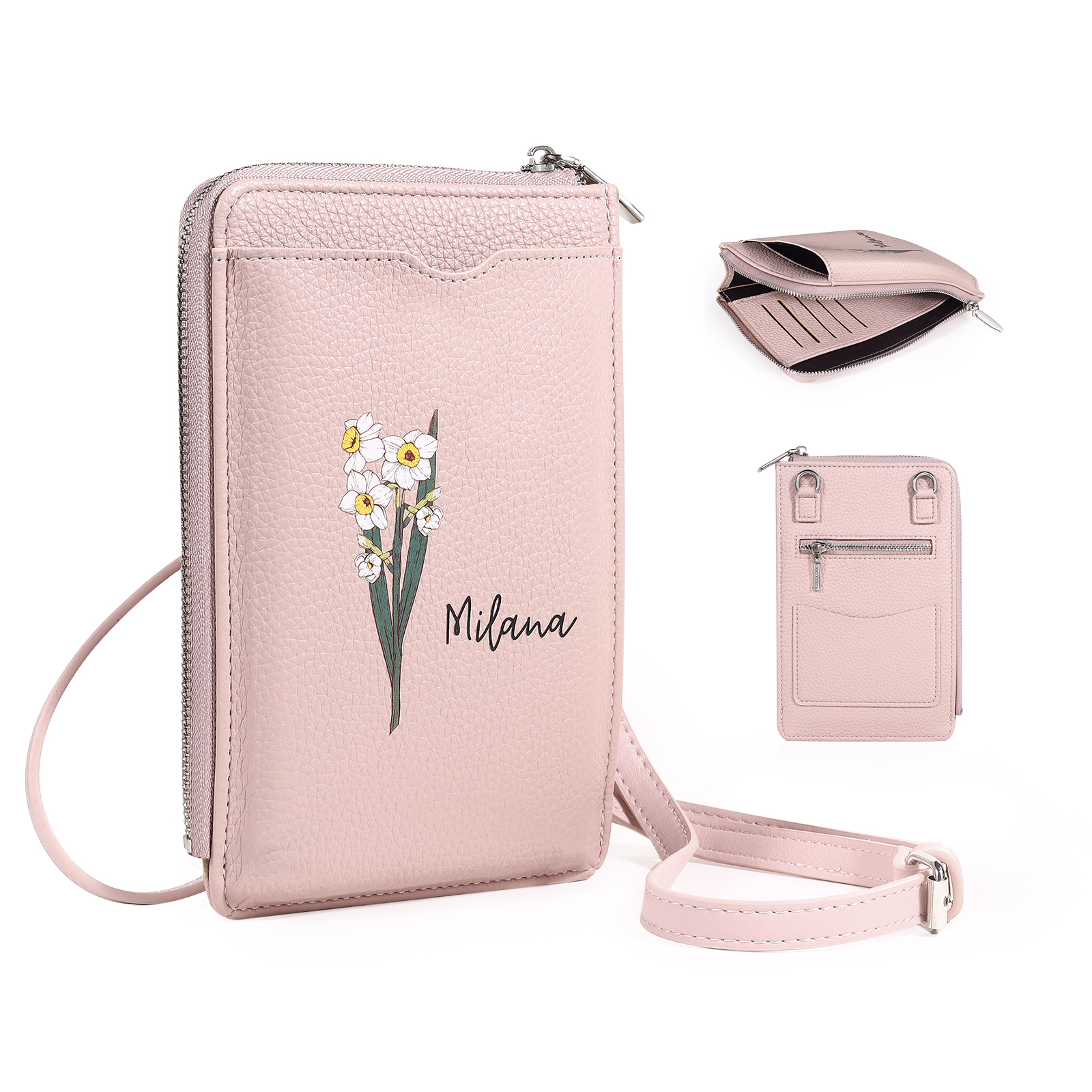 Personalisierter 1 Name & Geburtsblume PU-leder Gelb/ Rosa/ Blau Crossbody-Beutel – Damen Schultertasche