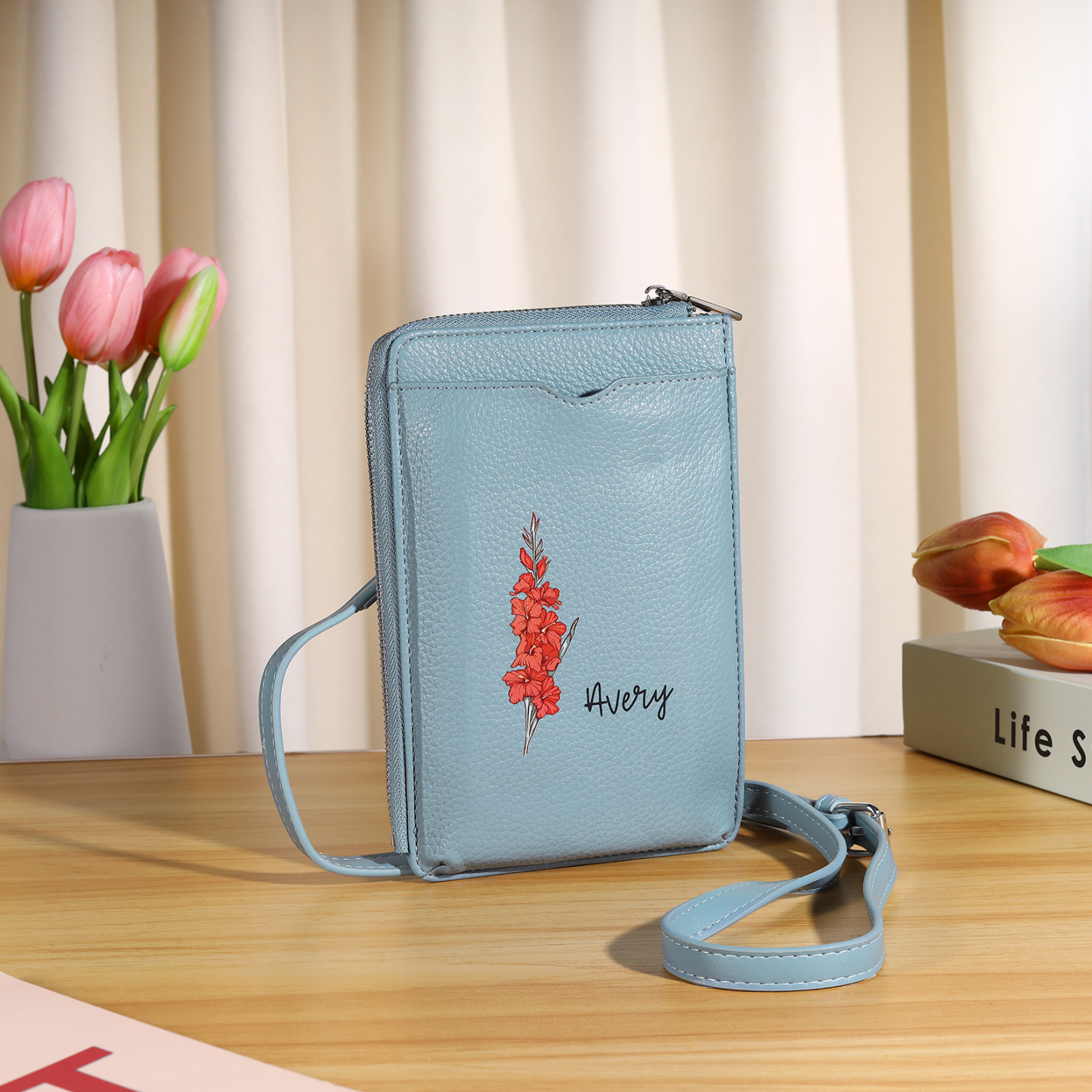 Personalisierter 1 Name & Geburtsblume PU-leder Gelb/ Rosa/ Blau Crossbody-Beutel – Damen Schultertasche