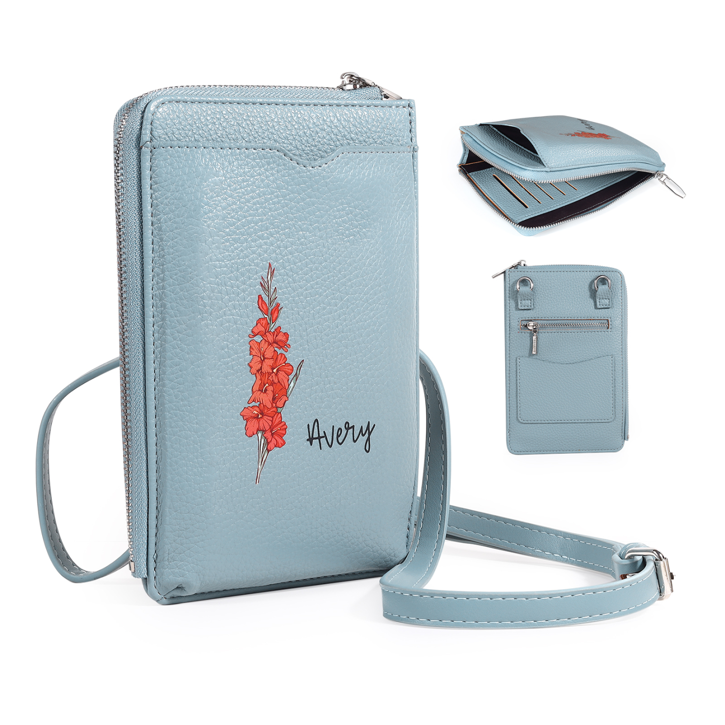 Personalisierter 1 Name & Geburtsblume PU-leder Gelb/ Rosa/ Blau Crossbody-Beutel – Damen Schultertasche