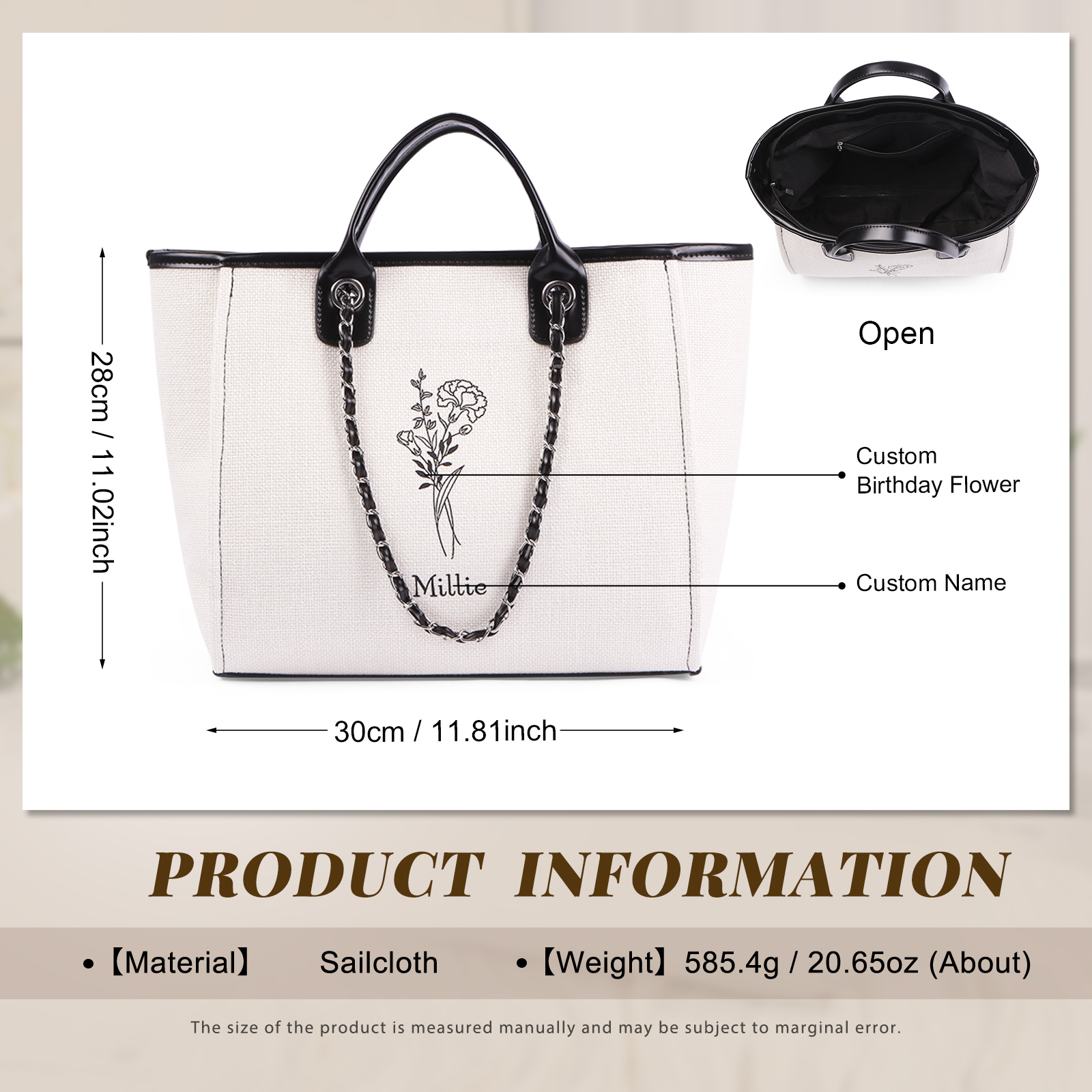 Personalisierter 1 Name & Geburtsblume Weiß/ Hellbraun/ Schwarz Segeltuch-Handtasche