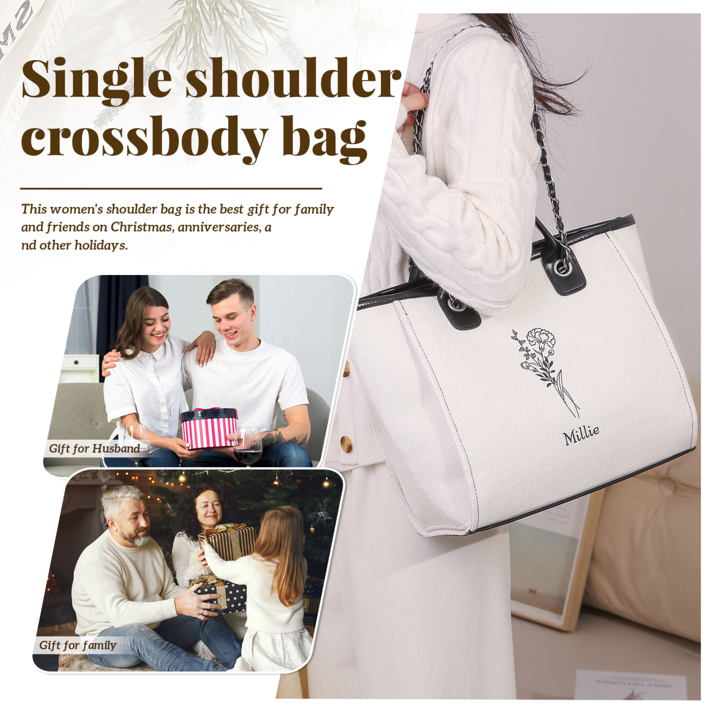 Personalisierter 1 Name & Geburtsblume Weiß/ Hellbraun/ Schwarz Segeltuch-Handtasche