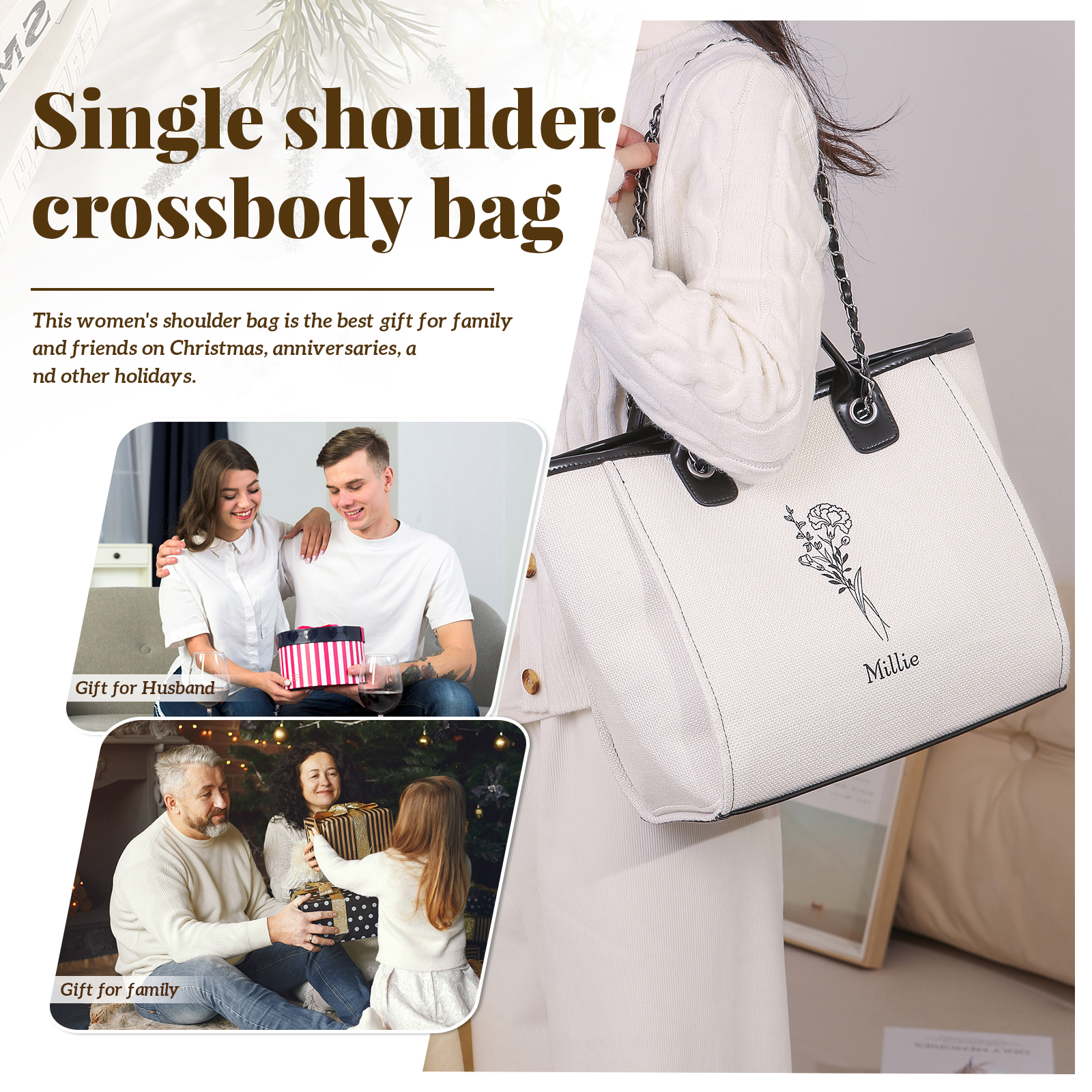 Personalisierter 1 Name & Geburtsblume Weiß/ Hellbraun/ Schwarz Segeltuch-Handtasche