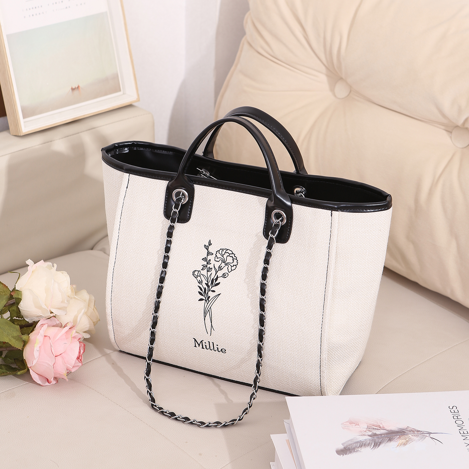 Personalisierter 1 Name & Geburtsblume Weiß/ Hellbraun/ Schwarz Segeltuch-Handtasche