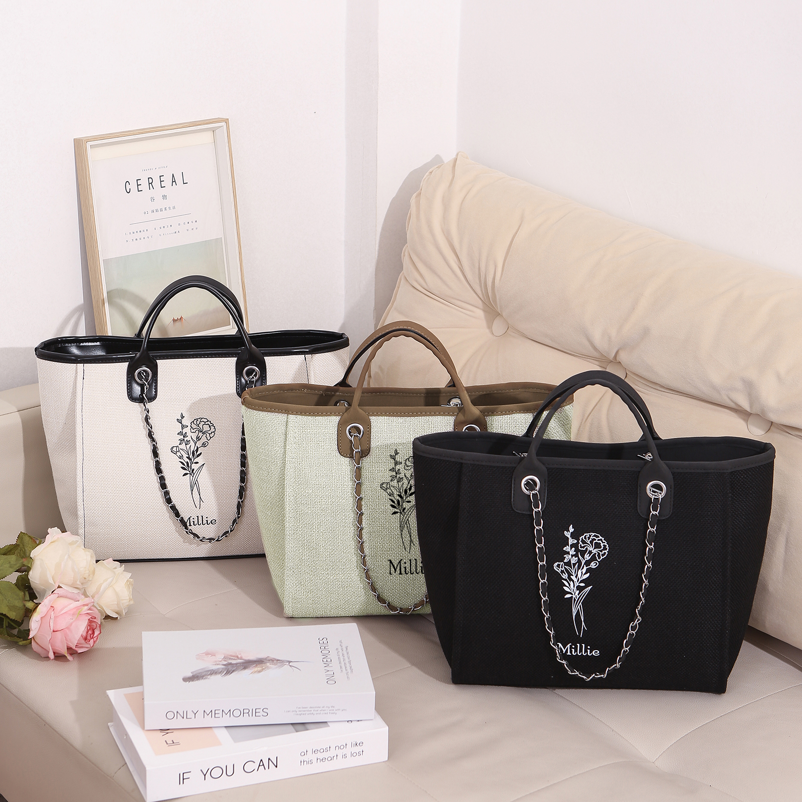 Personalisierter 1 Name & Geburtsblume Weiß/ Hellbraun/ Schwarz Segeltuch-Handtasche