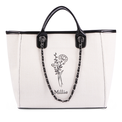 Personalisierter 1 Name & Geburtsblume Weiß/ Hellbraun/ Schwarz Segeltuch-Handtasche