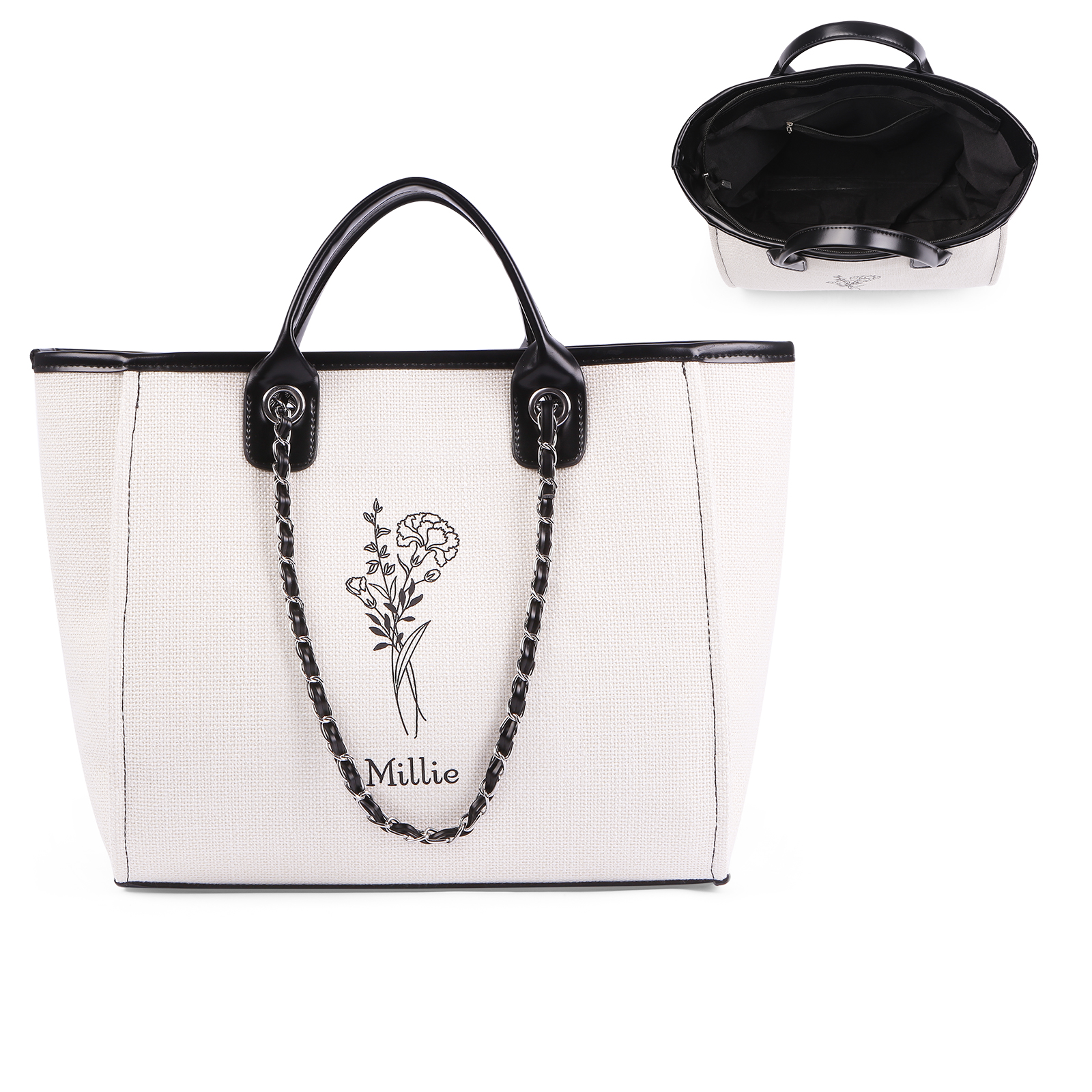 Personalisierter 1 Name & Geburtsblume Weiß/ Hellbraun/ Schwarz Segeltuch-Handtasche