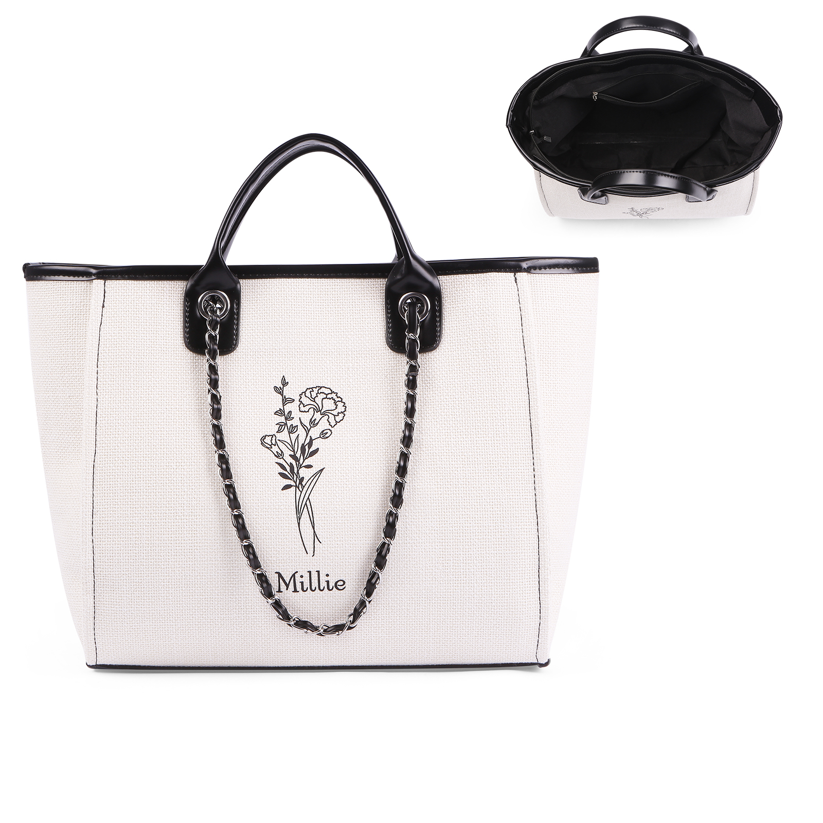 Personalisierter 1 Name & Geburtsblume Weiß/ Hellbraun/ Schwarz Segeltuch-Handtasche
