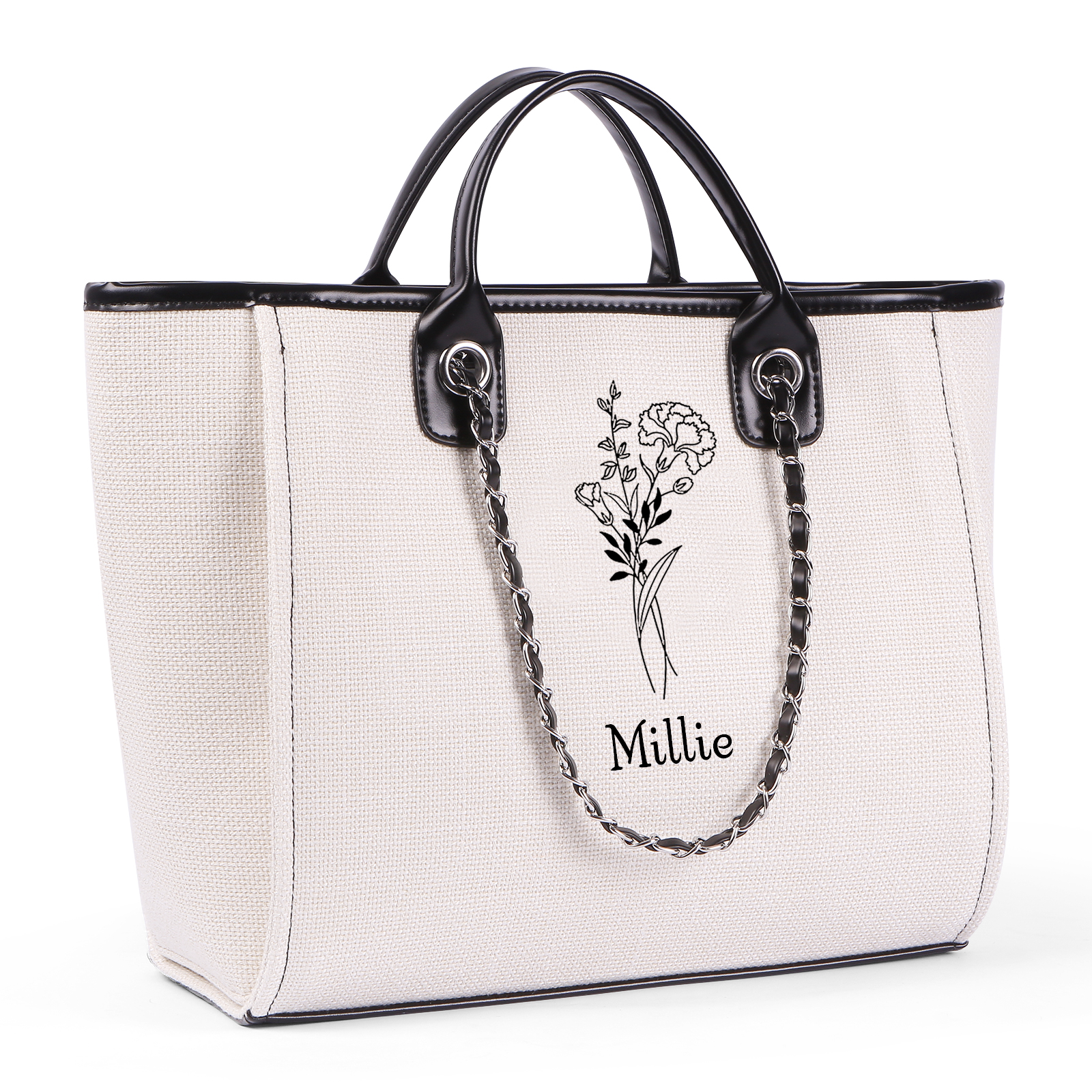 Personalisierter 1 Name & Geburtsblume Weiß/ Hellbraun/ Schwarz Segeltuch-Handtasche