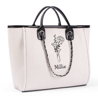 Personalisierter 1 Name & Geburtsblume Weiß/ Hellbraun/ Schwarz Segeltuch-Handtasche