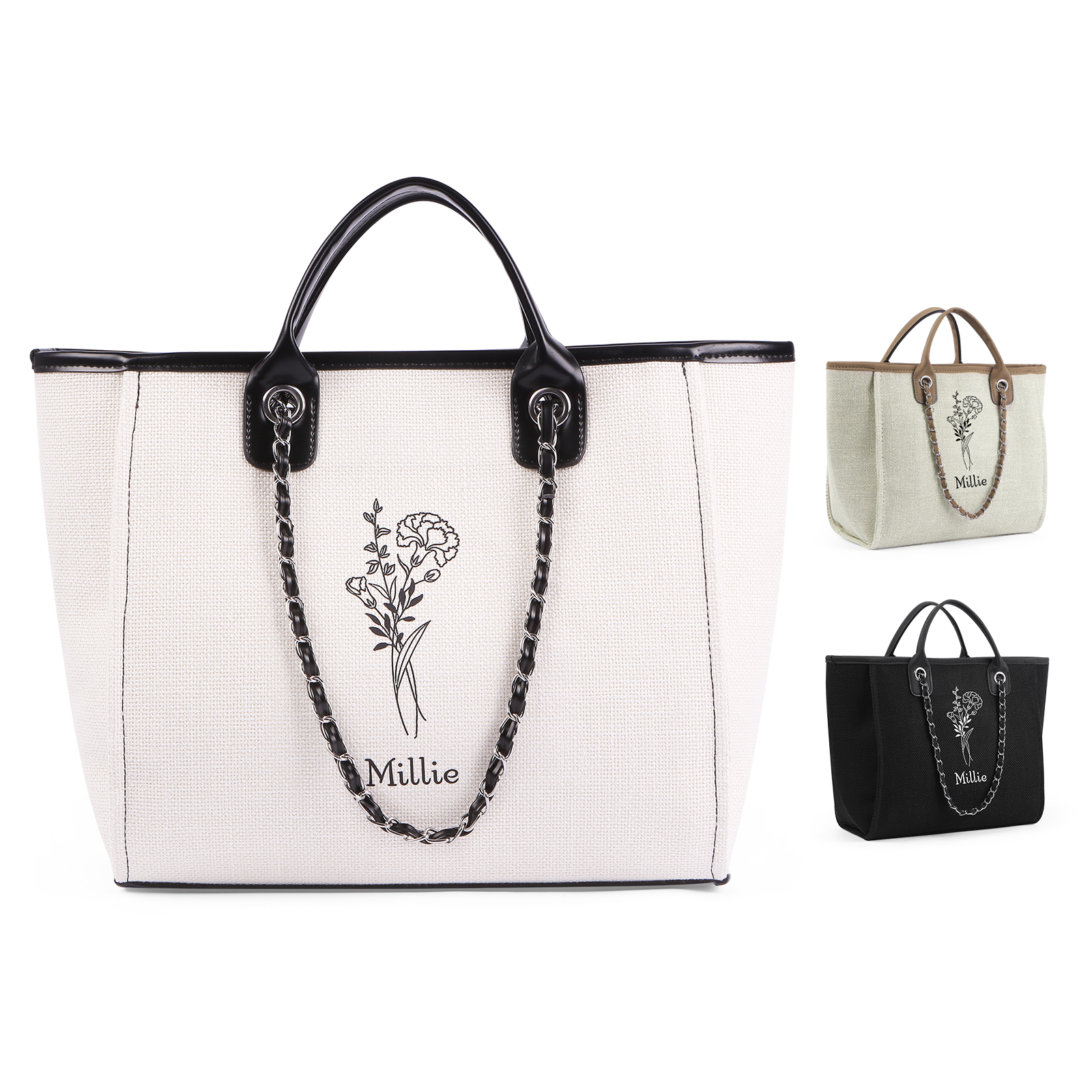 Personalisierter 1 Name & Geburtsblume Weiß/ Hellbraun/ Schwarz Segeltuch-Handtasche