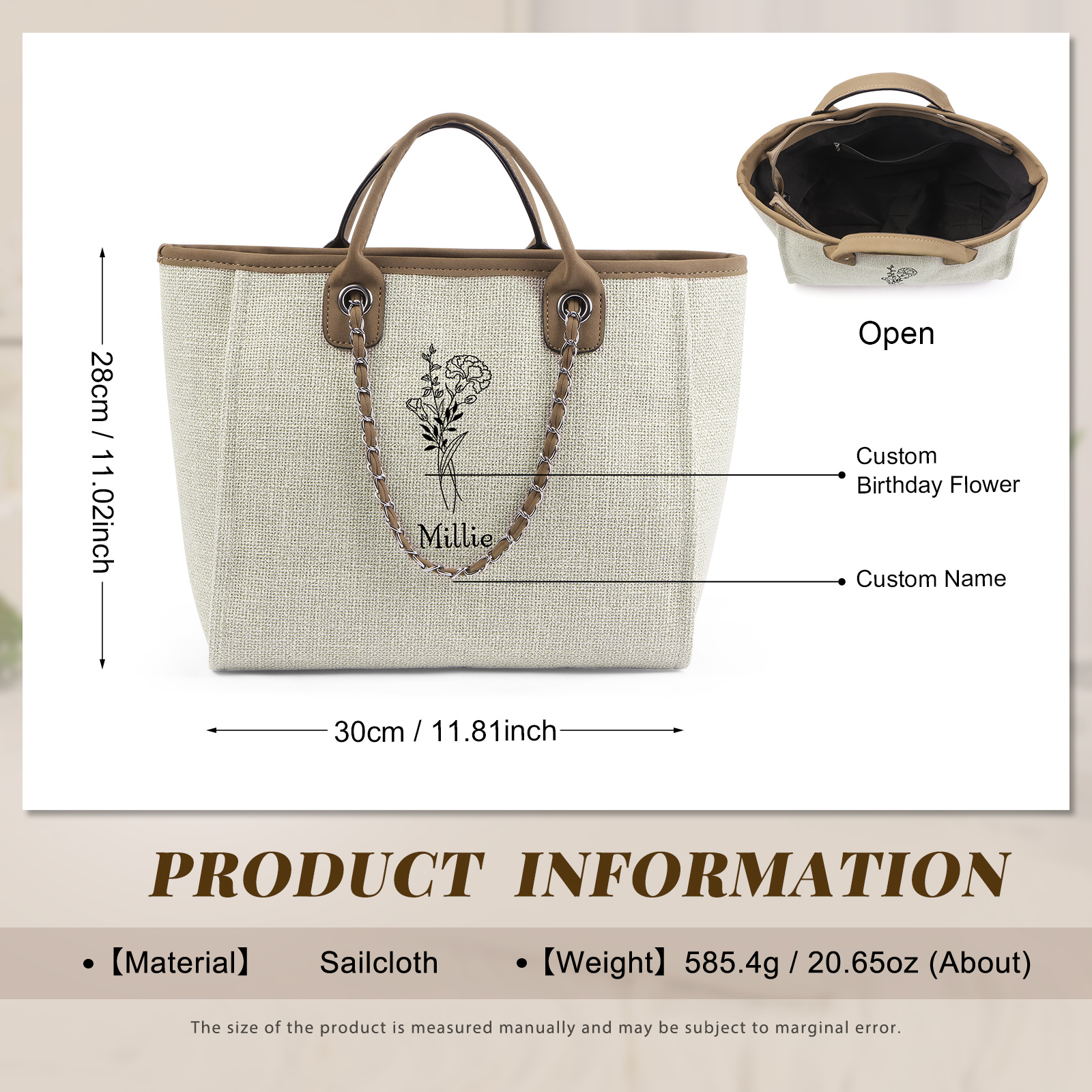 Personalisierter 1 Name & Geburtsblume Weiß/ Hellbraun/ Schwarz Segeltuch-Handtasche