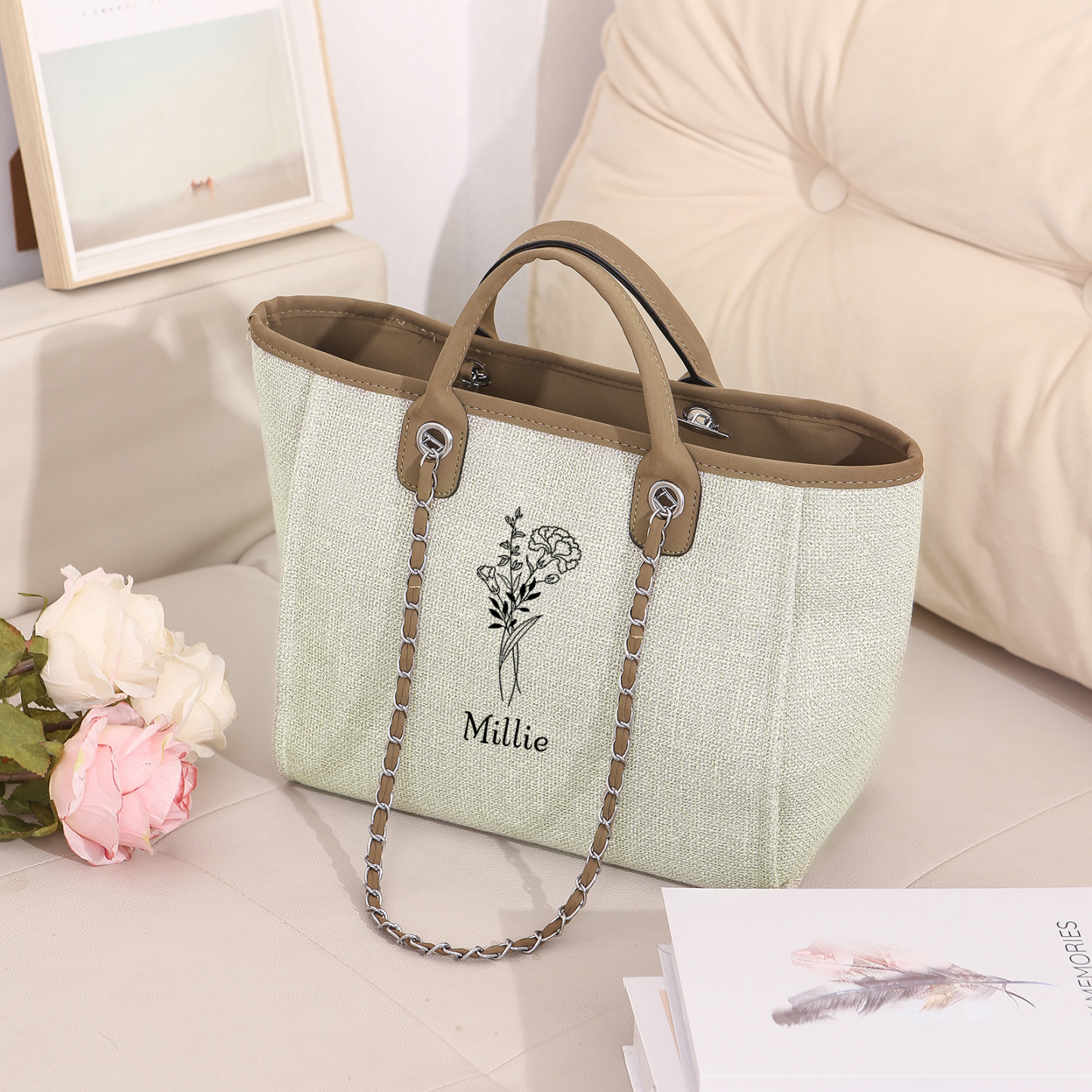 Personalisierter 1 Name & Geburtsblume Weiß/ Hellbraun/ Schwarz Segeltuch-Handtasche