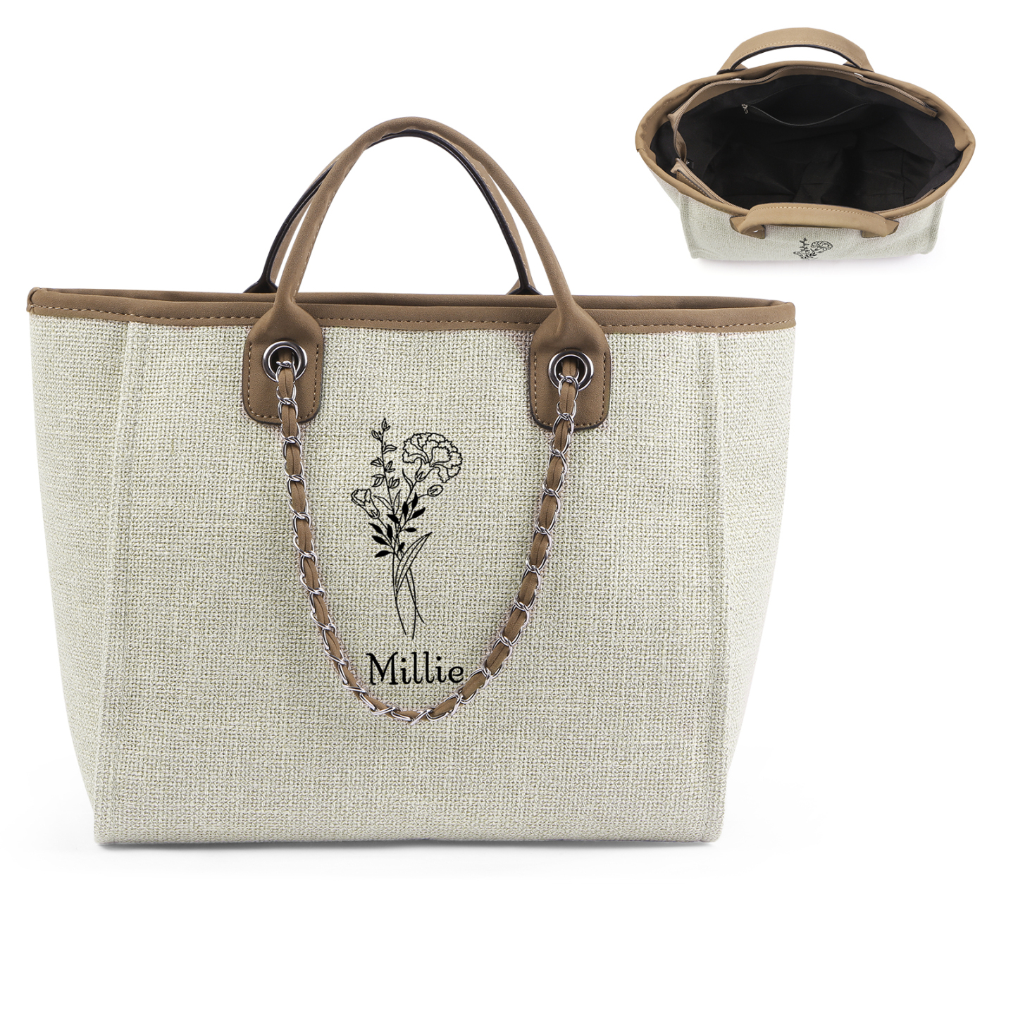 Personalisierter 1 Name & Geburtsblume Weiß/ Hellbraun/ Schwarz Segeltuch-Handtasche