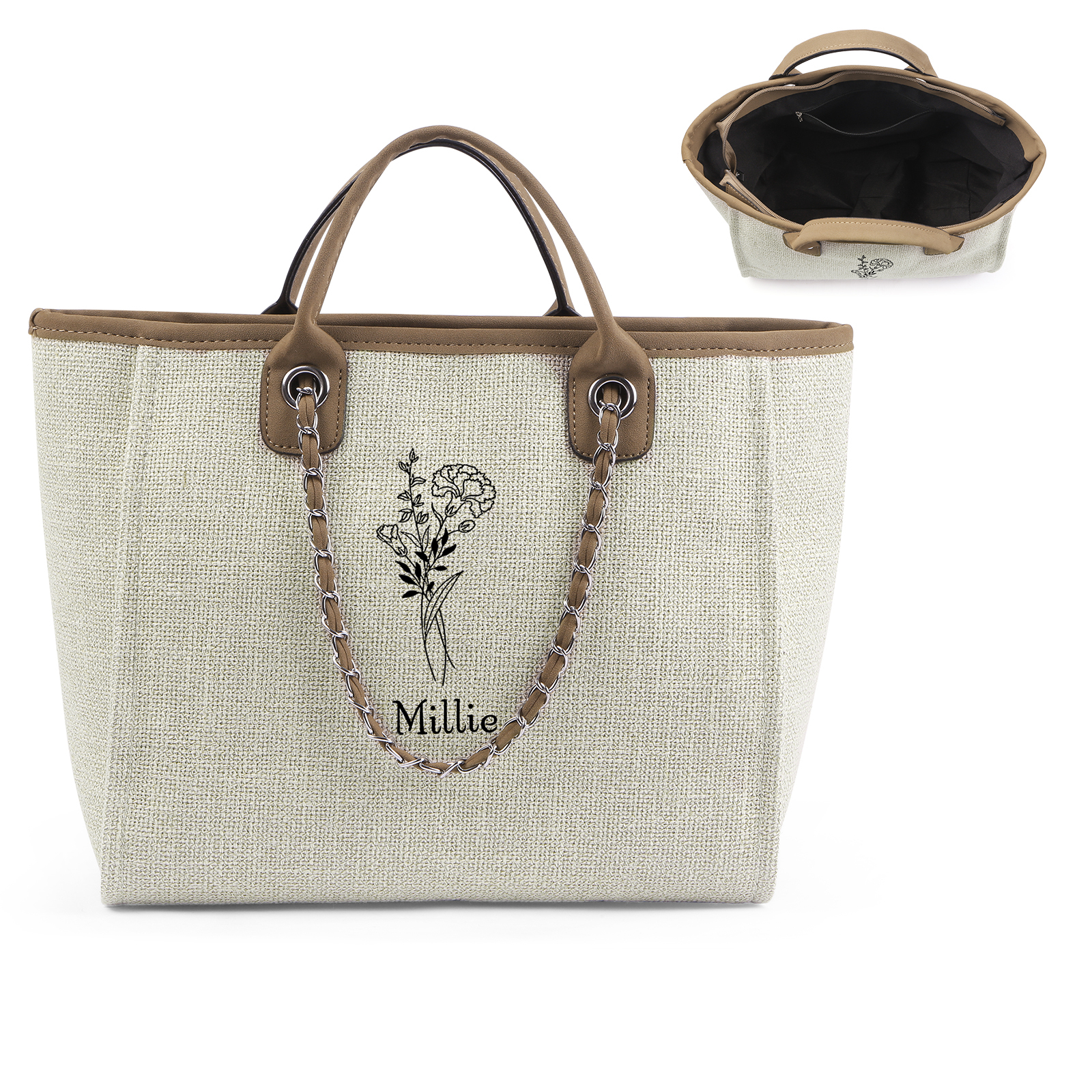 Personalisierter 1 Name & Geburtsblume Weiß/ Hellbraun/ Schwarz Segeltuch-Handtasche