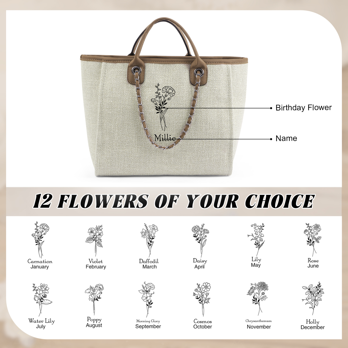 Personalisierter 1 Name & Geburtsblume Weiß/ Hellbraun/ Schwarz Segeltuch-Handtasche