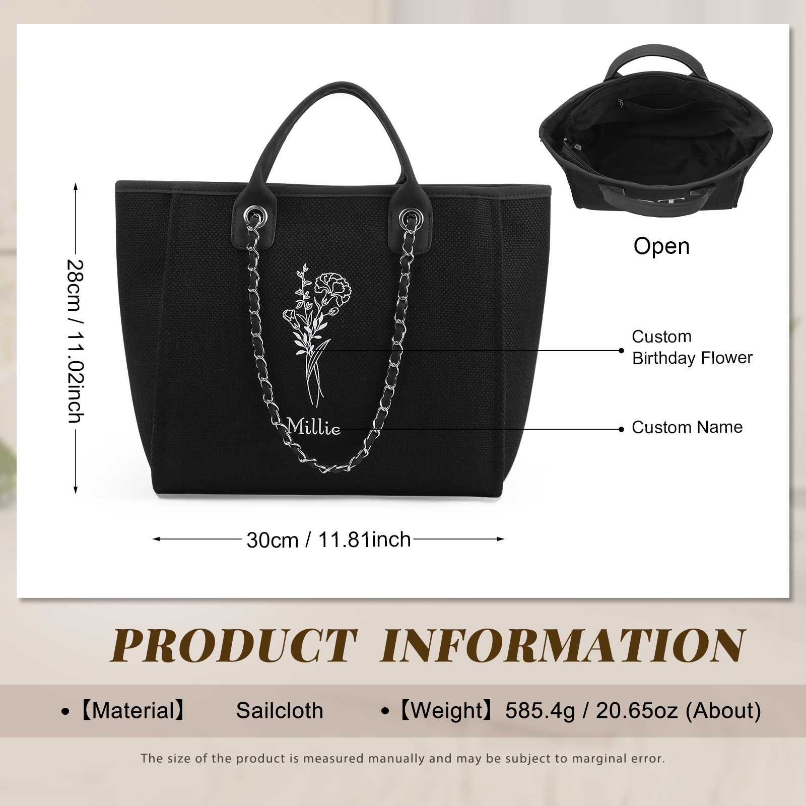 Personalisierter 1 Name & Geburtsblume Weiß/ Hellbraun/ Schwarz Segeltuch-Handtasche