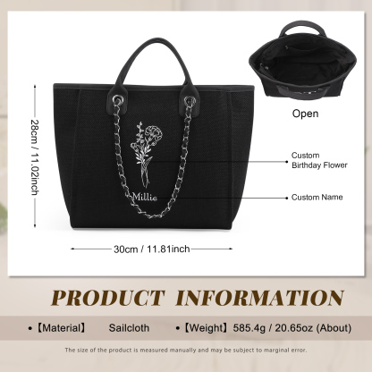Personalisierter 1 Name & Geburtsblume Weiß/ Hellbraun/ Schwarz Segeltuch-Handtasche