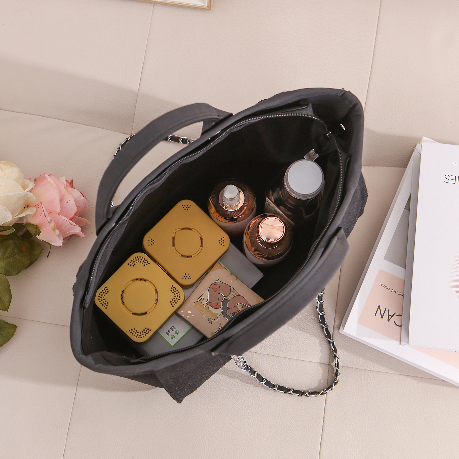 Personalisierter 1 Name & Geburtsblume Weiß/ Hellbraun/ Schwarz Segeltuch-Handtasche