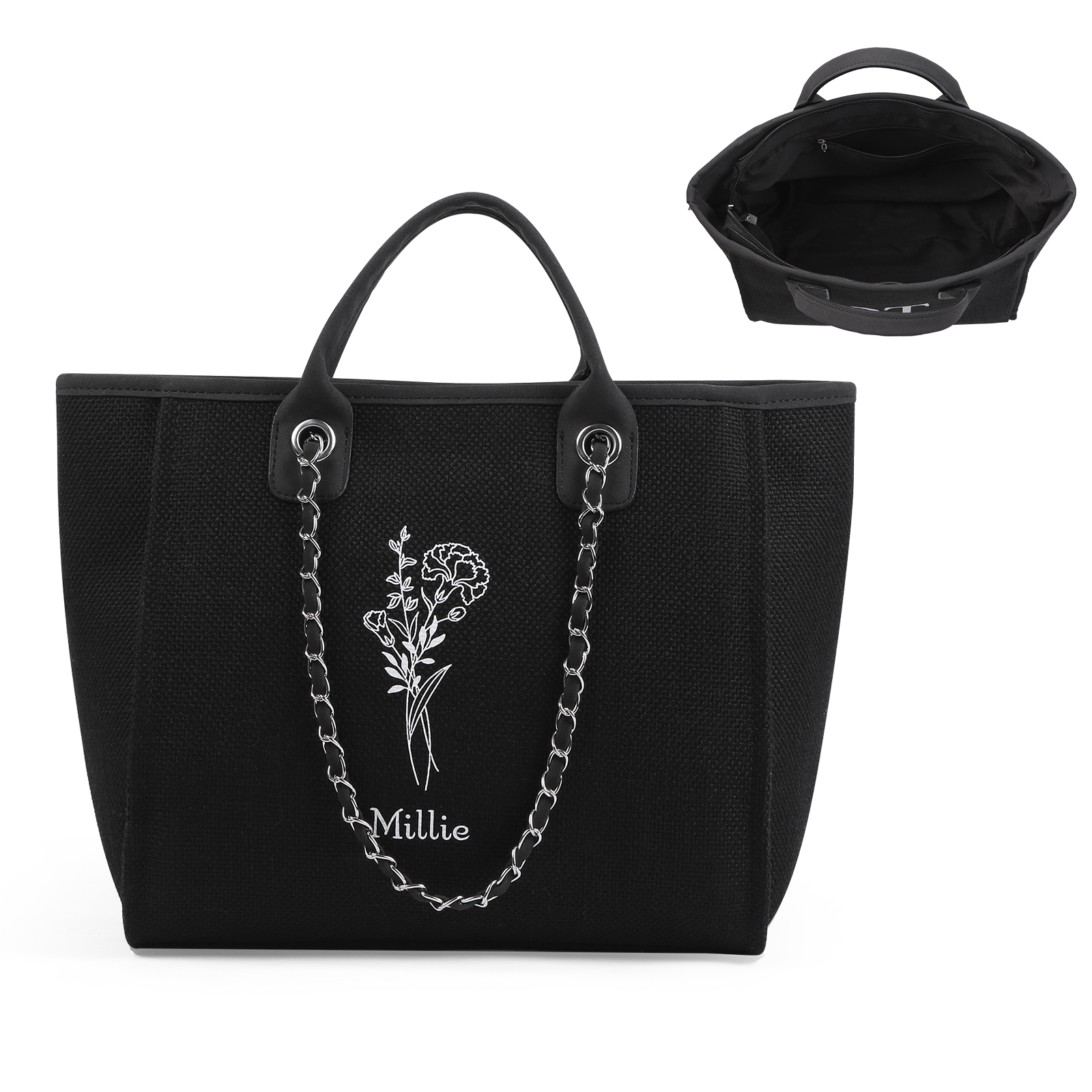 Personalisierter 1 Name & Geburtsblume Weiß/ Hellbraun/ Schwarz Segeltuch-Handtasche