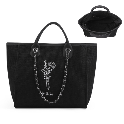 Personalisierter 1 Name & Geburtsblume Weiß/ Hellbraun/ Schwarz Segeltuch-Handtasche