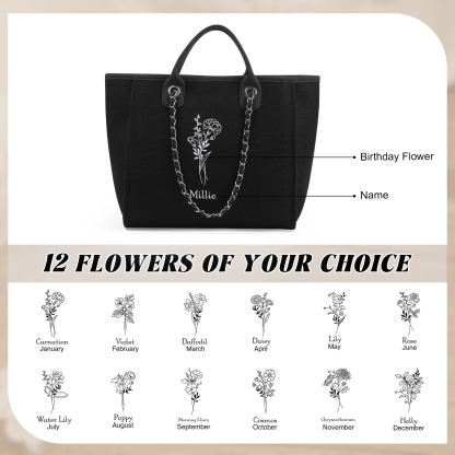 Personalisierter 1 Name & Geburtsblume Weiß/ Hellbraun/ Schwarz Segeltuch-Handtasche