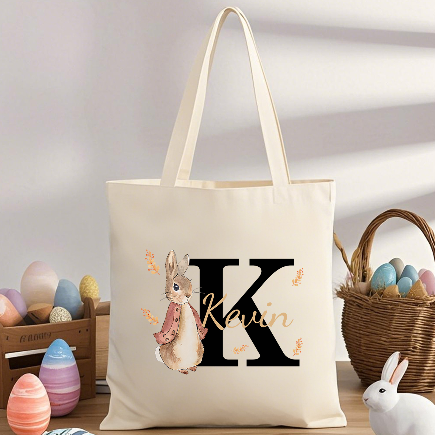 Personalisierbare Damen Tragetasche mit Hase-Design – Leinwand Einkaufstasche mit Name & Buchstabe in 6 Farben erhältlich