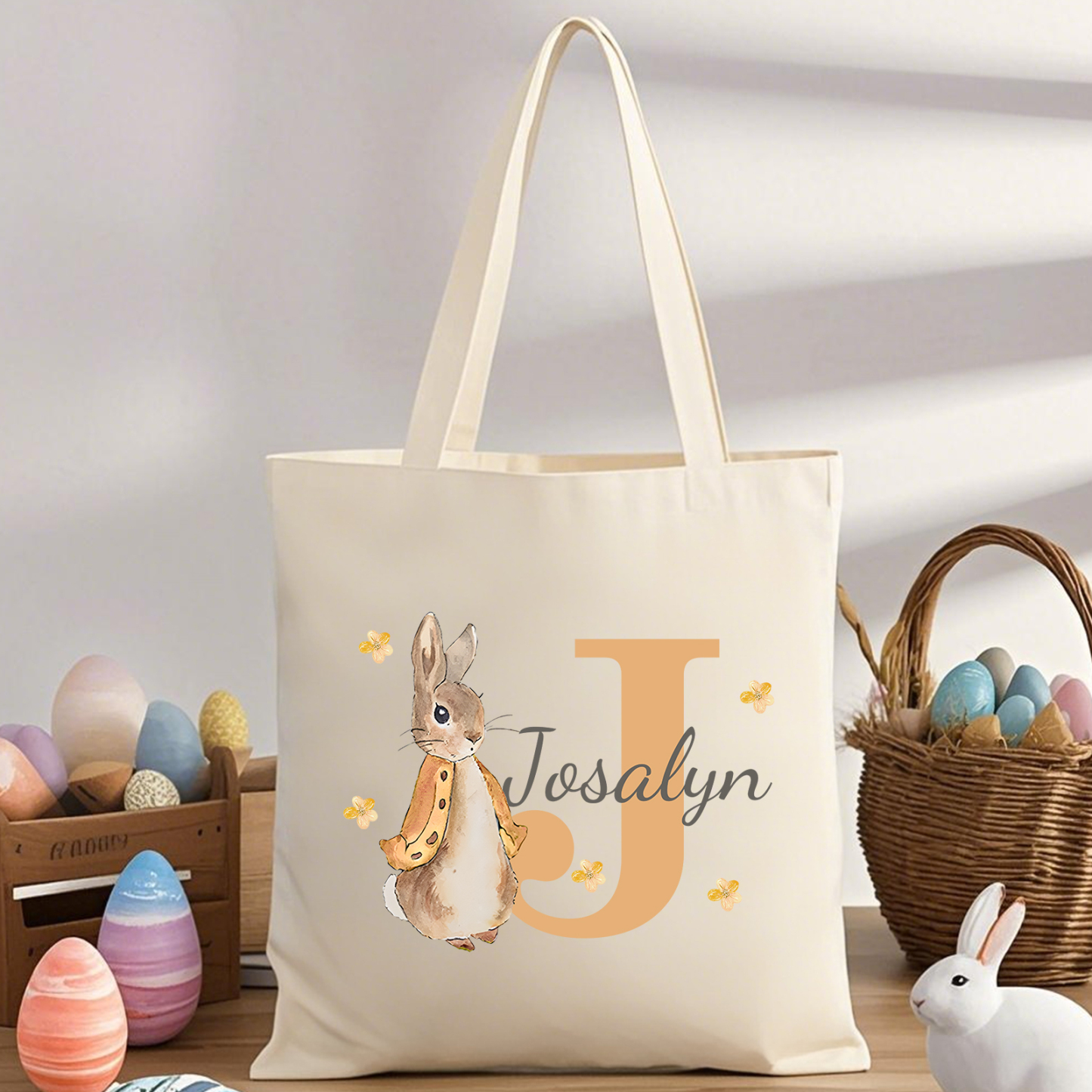 Personalisierbare Damen Tragetasche mit Hase-Design – Leinwand Einkaufstasche mit Name & Buchstabe in 6 Farben erhältlich