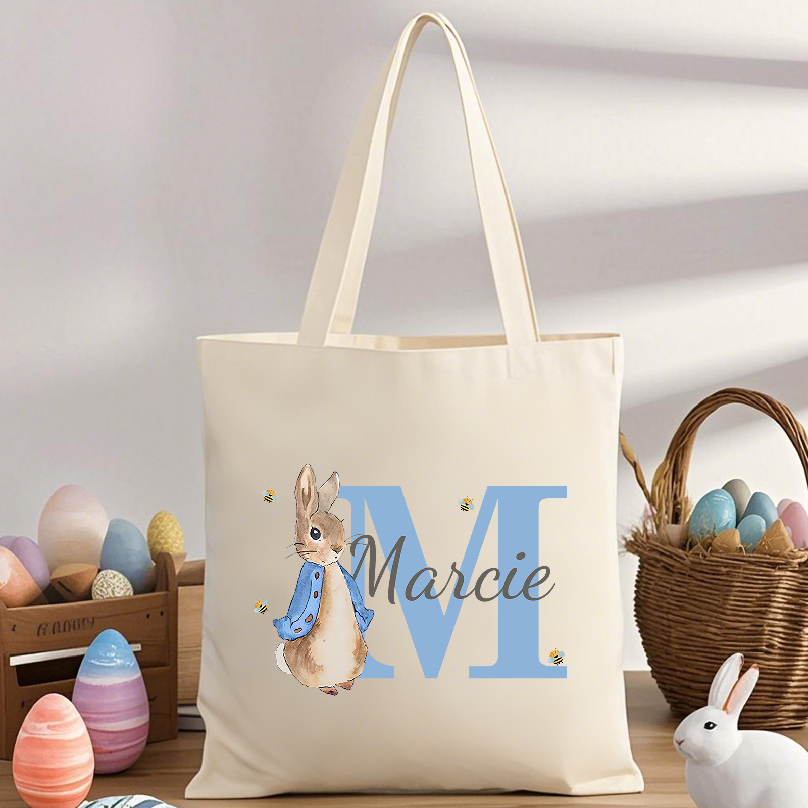 Personalisierbare Damen Tragetasche mit Hase-Design – Leinwand Einkaufstasche mit Name & Buchstabe in 6 Farben erhältlich