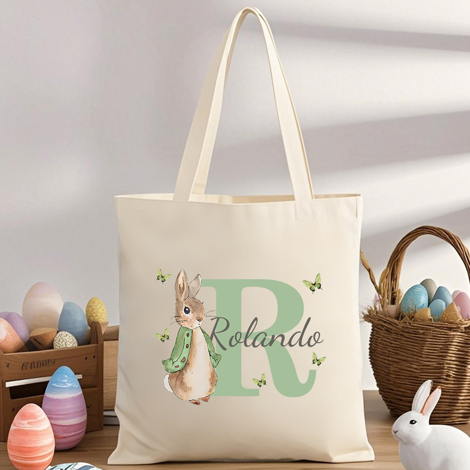 Personalisierbare Damen Tragetasche mit Hase-Design – Leinwand Einkaufstasche mit Name & Buchstabe in 6 Farben erhältlich