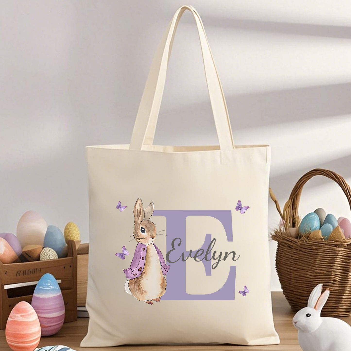 Personalisierbare Damen Tragetasche mit Hase-Design – Leinwand Einkaufstasche mit Name & Buchstabe in 6 Farben erhältlich