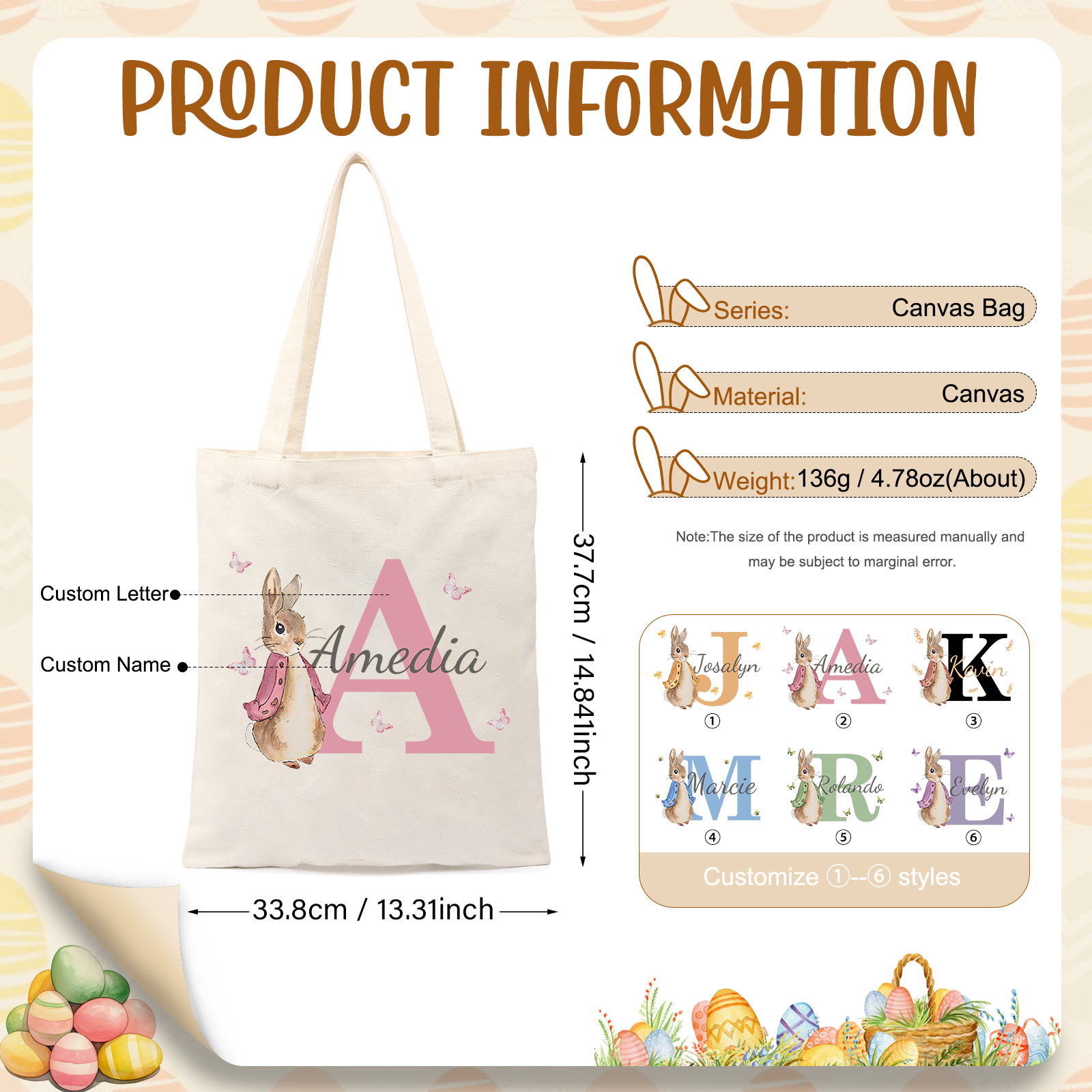 Personalisierbare Damen Tragetasche mit Hase-Design – Leinwand Einkaufstasche mit Name & Buchstabe in 6 Farben erhältlich