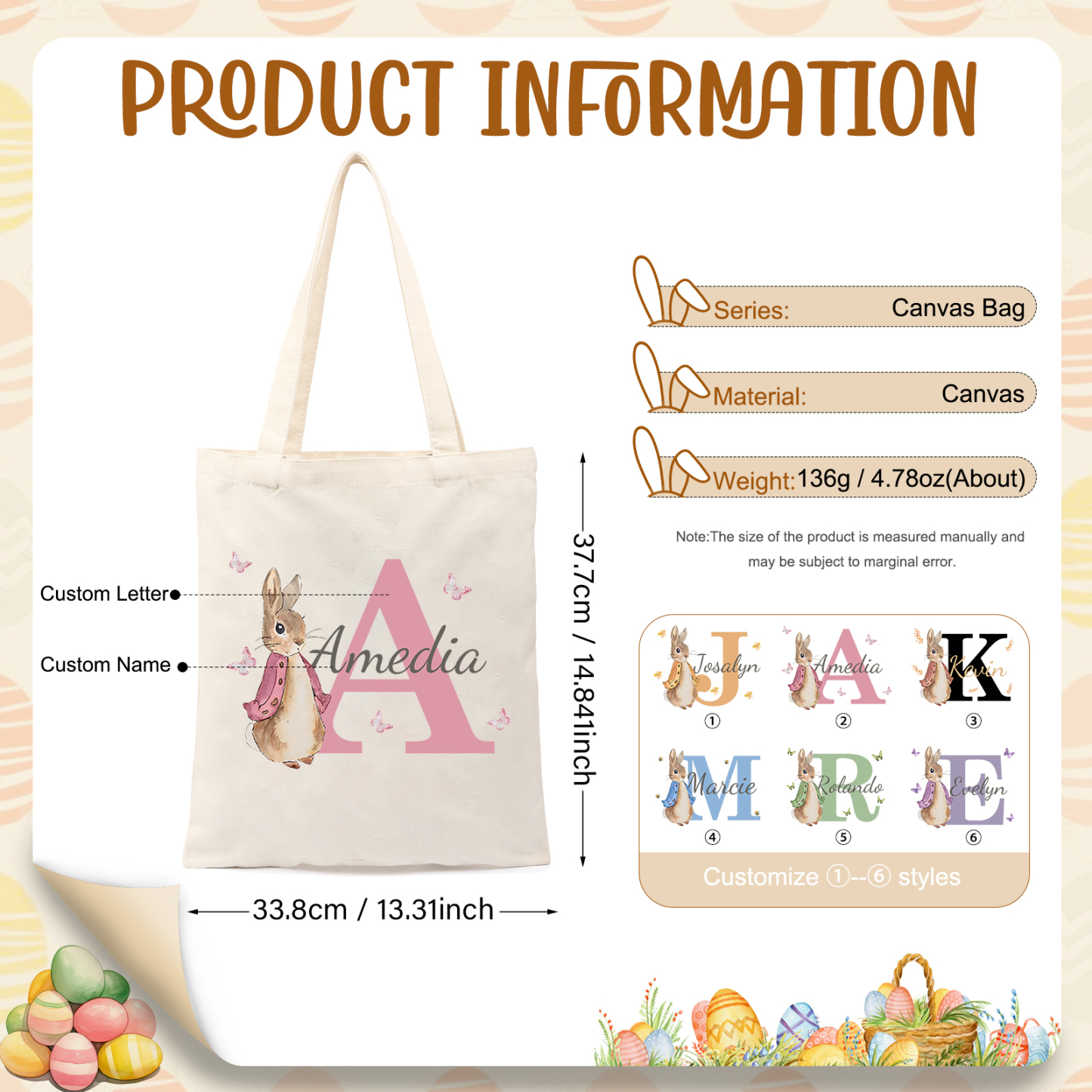 Personalisierbare Damen Tragetasche mit Hase-Design – Leinwand Einkaufstasche mit Name & Buchstabe in 6 Farben erhältlich