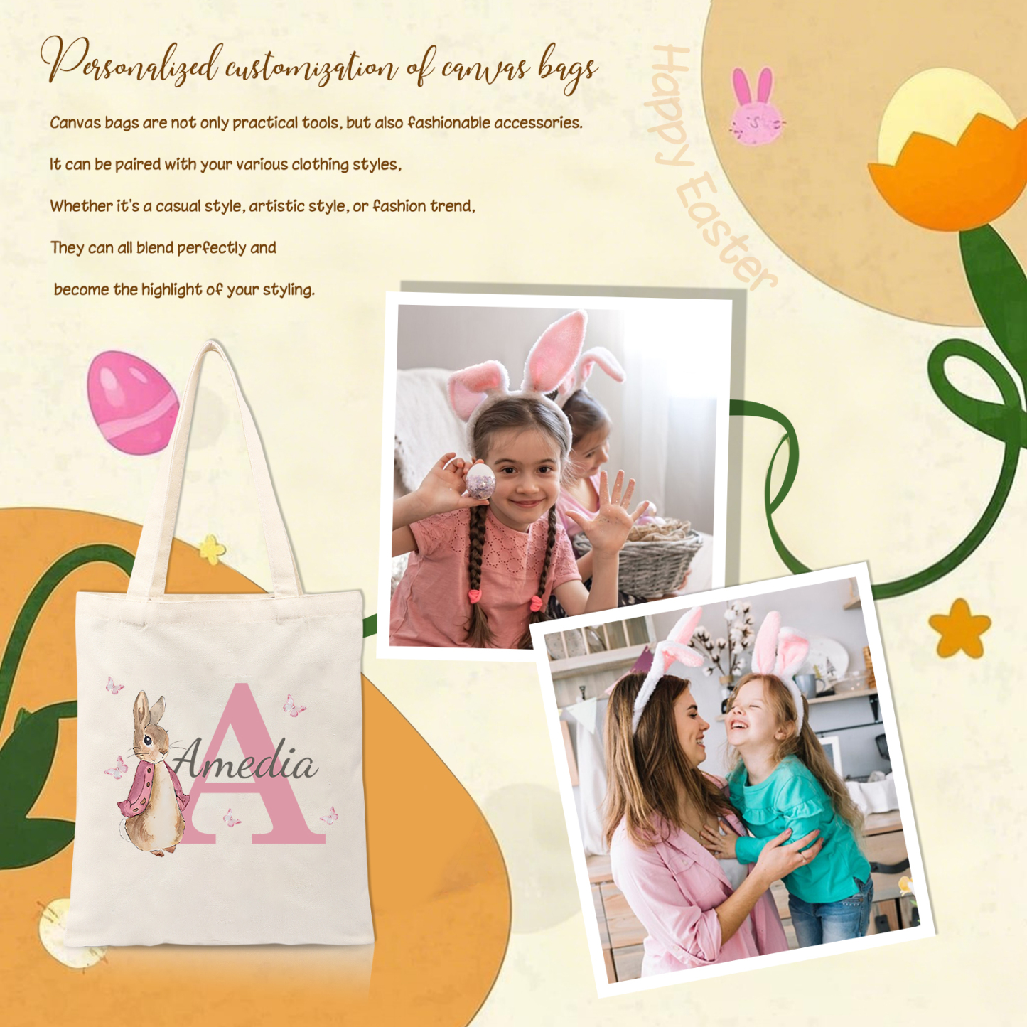 Personalisierbare Damen Tragetasche mit Hase-Design – Leinwand Einkaufstasche mit Name & Buchstabe in 6 Farben erhältlich