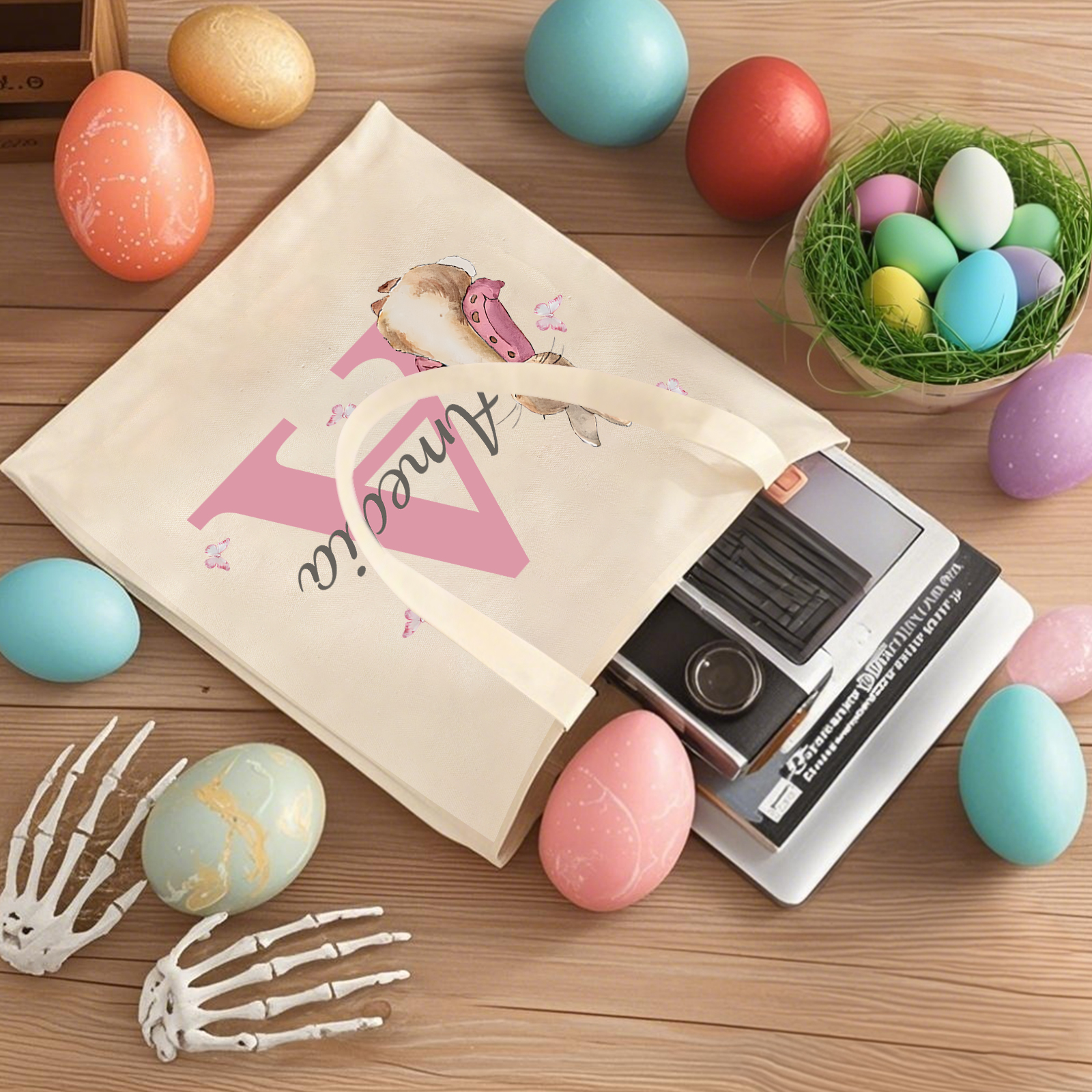 Personalisierbare Damen Tragetasche mit Hase-Design – Leinwand Einkaufstasche mit Name & Buchstabe in 6 Farben erhältlich