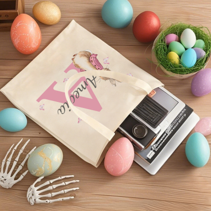 Personalisierbare Damen Tragetasche mit Hase-Design – Leinwand Einkaufstasche mit Name & Buchstabe in 6 Farben erhältlich